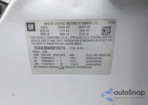 2013 Chevrolet Equinox 1Lt из США, поврежденный, VIN 2GNALDEK8D6199719